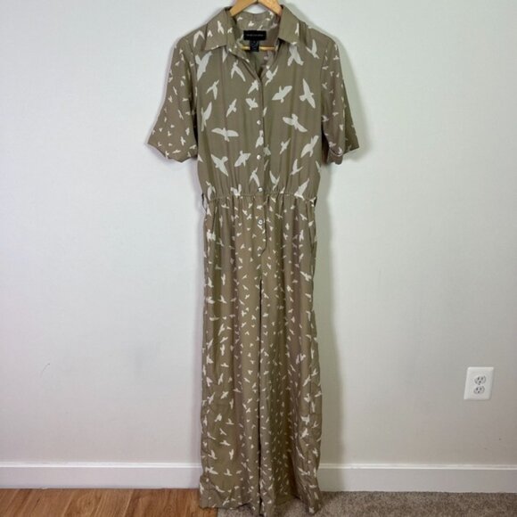 Corey Lynn Calter Anthropologie Tan Bird Button Down Short Sleeve Jumpsuit Women - Picture 1 of 8